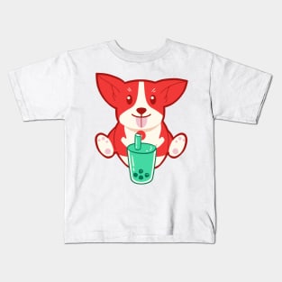 Red Corgi Dog Drinking Bubble Tea Kids T-Shirt